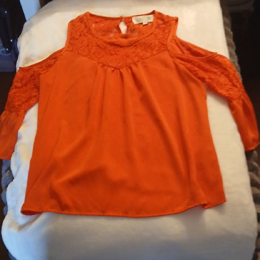 Crescendo , Cold-Shoulder Lace Yoke Blouse in Bright Orange
